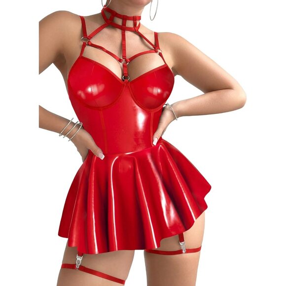 Women Pu Red Strappy Leather Underwire Choker Garter Belt Lingerie Set Dress - Picture 3 of 6